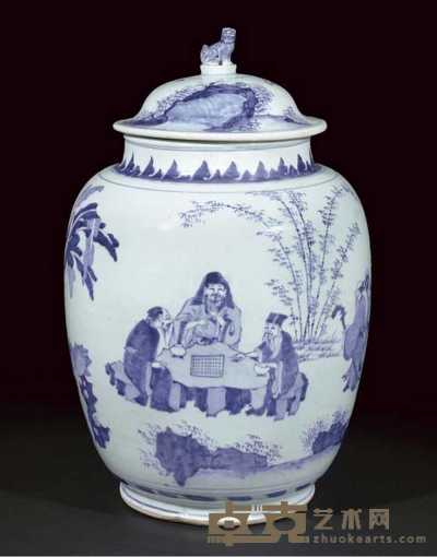 A large ovoid blue and white jar and cover 